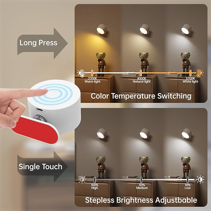 Romote LED Wall Sconce - Rechargeable Wall Light, 3 Colors & 3 Brightness Levels, 360° Magnetic Rotating Head, Bedside Reading Lamp, Easy Install Battery Operated Lamp White Pack of 3