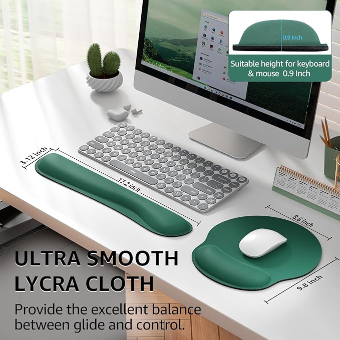 KTRIO Ergonomic Keyboard Wrist Rest, Memory Foam Mouse Pad with Wrist Rest for Computer Keyboard, Mouse Pad Set for Easy Typing & Pain Relief for Office & Home, Forest Green