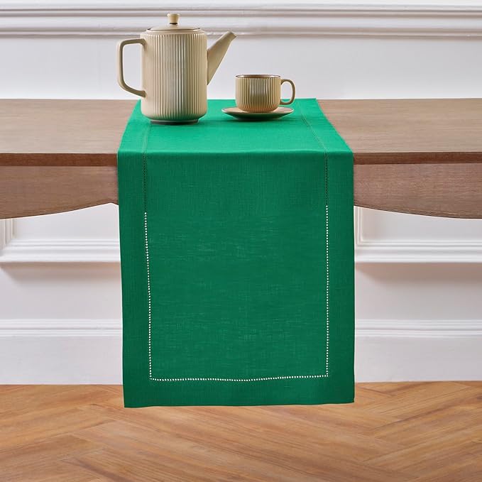 Solino Home Linen Hemstitch Table Runner 120 Inches Long - 100% Pure Linen Emerald Green Table Runner 14 x 120 Inch for St Patricks Day - Classic Hemstitch