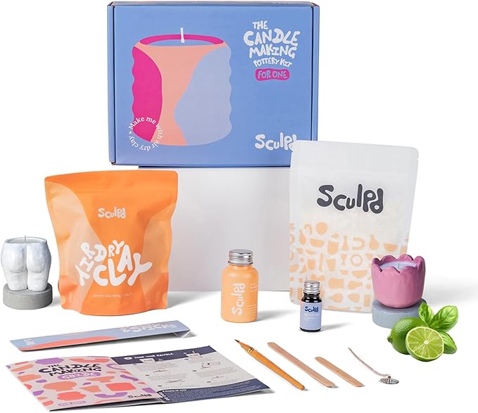 Sculpd Candle Making Pottery Kit for Adults with Air Dry Clay and Acrylic Paint Set, Non-Toxic Eco Soy Wax, Scented Fragrance Oil, Candle Glaze, Tools & Guide, 1 Candle, Basil Citrus
