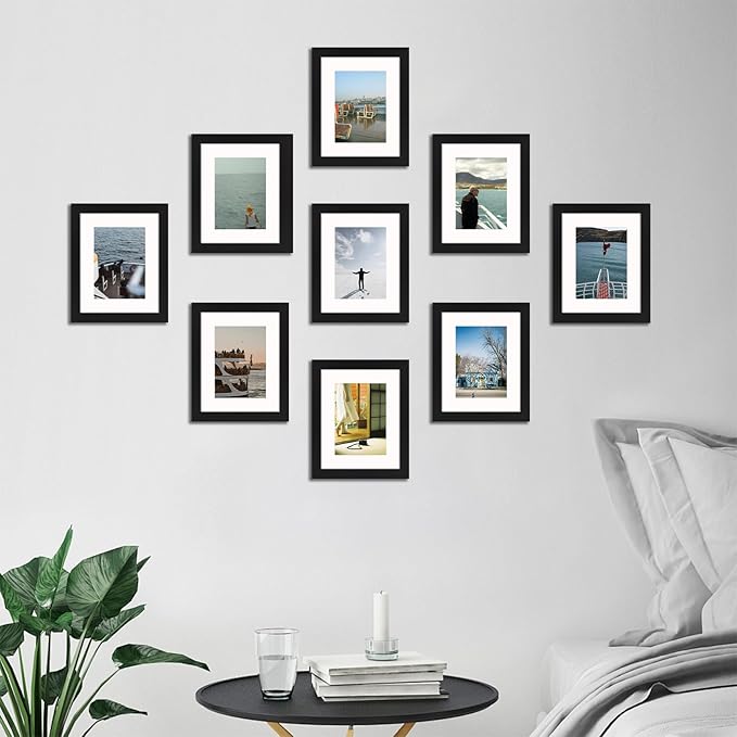 8x10 Picture Frame Set of 9, Display Pictures 5x7 with Mat or 8 x 10 Without Mat, Multi Photo Frames for Wall Mounting or Table Top Display, Black