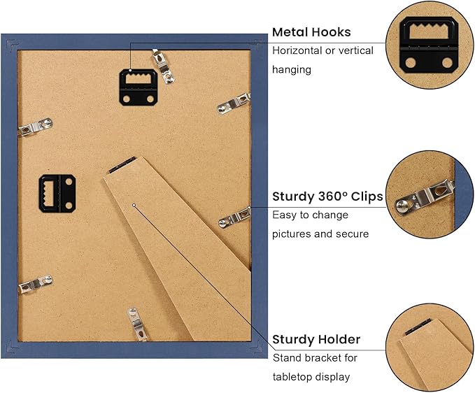 8x10 Picture Frame Set of 9, Display Pictures 5x7 with Mat or 8 x 10 Without Mat, Multi Photo Frames for Wall Mounting or Table Top Display, Blue