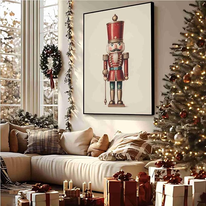 Nutcracker Christmas Wall Art Festive Christmas King Holiday Print Classic Soldier Nutcracker Vintage Holiday Canvas Painting Indoor Decor for Home Offices Living Room Bedroom Framed Ready to Hang