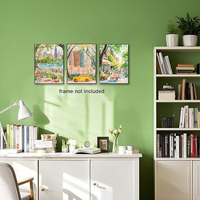 XLARTMY New York City Poster Travel Wall Art Canvas Framed Watercolor NYC Central Park Landmarks Artwork Decor Painting Prints Pictures Set of 3 for Bedroom Living Room Office 12x16in Unframed