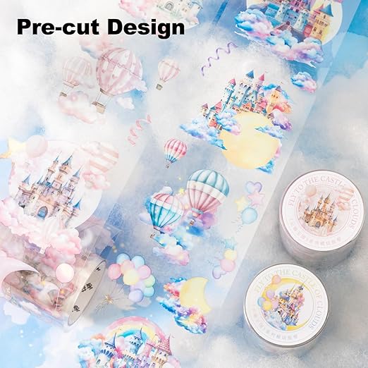 Cloud-Themed Pre-Cut PET Tape Set, 6 Rolls of Fantasy Castle and Balloon Stickers for Scrapbooking, Journaling, and DIY Craft Supplies