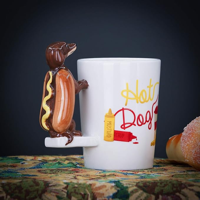 Ceramic Mug for Home & Office, Creative Porcelain 3D Animal Cup with Handle for Coffee, Tea, Juice, Milk & Water, 13.5 oz. Hotdog Dachshund Mug Gift, 5.1" H