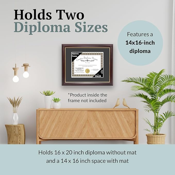 Creative Picture Frames 14x16 Mahogany Gold Rim Diploma Frame with Black Mat Glass and Installed Wall Hangers | Frame Holds 16x20 Media without Mat