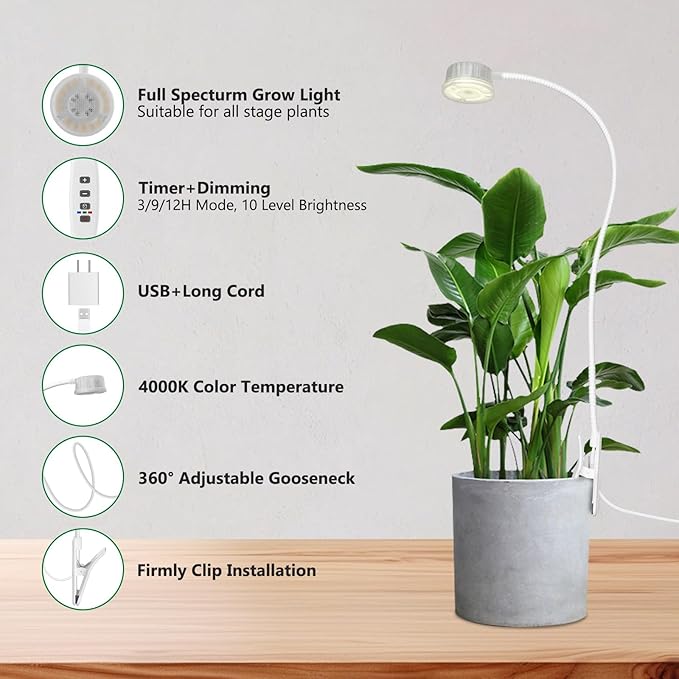 Shyineyou Small Grow Lights for Indoor Plants Full Spectrum,Plant Lights for Indoor Growing, Clip on Plant Grow Light with 3/9/12H Timer for Succulents,Small Plants, 4-Pack