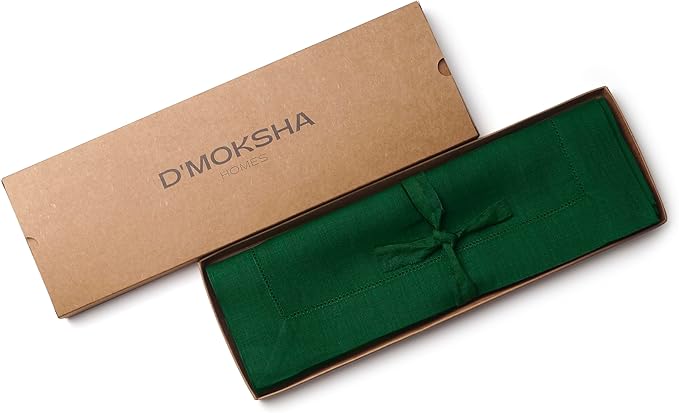 D'Moksha Homes Linen Placemats Set of 4 - Classic Hemstitch Forest Green Placemats 14 x 19 Inch - 100% Pure Linen Table Mats for St Patricks Day, Easter - Handcrafted and Machine Washable