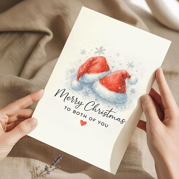 (5.3x8in) Merry Christmas to Both of You Card, Elegant Watercolor Santa Hats Design with Snowflakes Heart, Romantic Greeting Card for Couples, Friends Family, Festive Card with Envelope (Xmas 43)