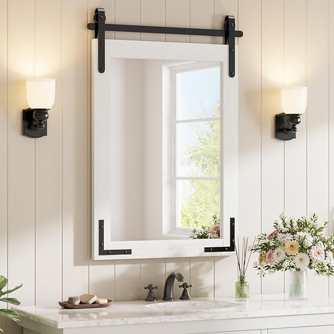 22x30 Inch White Farmhouse Barn Door Mirror with Solid Wood Frame, Shatterproof Glass, No Assembly Required – Perfect for Farmhouse Style Decor