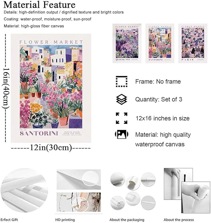 XLARTMY Flower Market Wall Art Prints Canvas Purple and Pink Floral Paintings Colorful Botanical Travel Flower Posters for Home Decor Pictures Set of 3 for Living Room Bedroom 12x16in Unframed