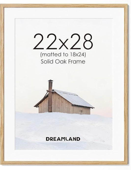 Dreamland Natural Oak Wood Picture Frame 22x28, Wooden Poster Frame with Mat for 18x24, 22 x 28 Matted Picture Frames with Tempered Real Glass for Wall Art Photo and Prints, Oak Color, Set of 1