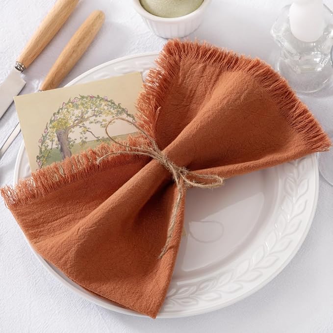 12 Pack Terracotta Cotton Linen Napkins with Fringe Spring Cloth Napkins Set of 12 Boho Handmade Dinner Napkins Bulk for Wedding Bridal Baby Shower Valentine's Day, 17 x 17 Inches