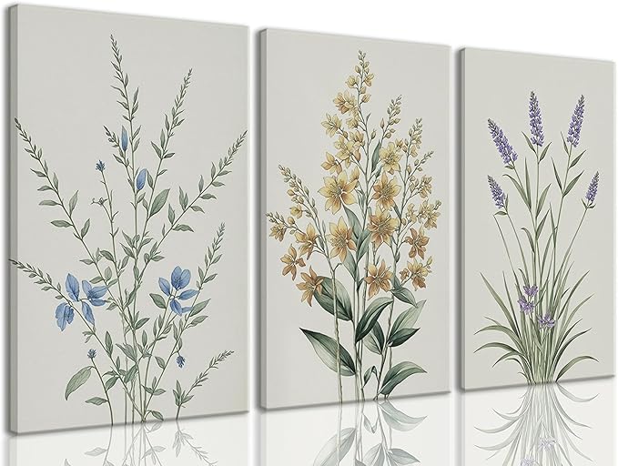 TUEASKY 3 Piece Framed Colorful Wildflower Wall Art Vintage Botanical Canvas Wall Decor Watercolor Floral Prints Poster for Living Room Bedroom Office 12x16in
