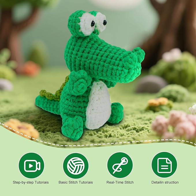 minimal beee Crocodile Crochet Kit for Beginners, Animals Easy-Peasy Yarn with Complete Starter Supplies, DIY Gift for Adults Crafts, Includes Video Tutorials & Patterns