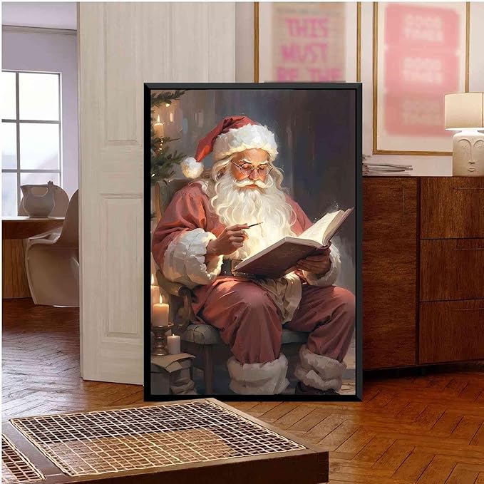 Framed Canvas Wall Art Vintage Christmas Wall Art Santa Writing Book Oil Painting Cottagecore Decor Academia Christmas Decor Winter Print 16x24in Metal blackFramed