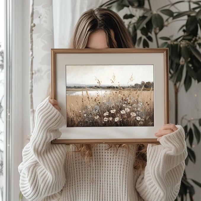 Vintage Wall Art, Farmhouse Wall Decor Wildflower Field Country Wall Painting Canvas Prints Autumn Landscape Oil Painting Wall Decor Vintage Art Pictures for Bedroom Bathroom Kitchen Decor( 8" x 10"-UNFRAMED)