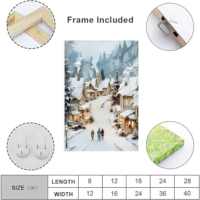 Christmas Winter Painting Snowy Village Street Festive Landscape Print Holiday Church Wall Decor Winter Cottagecore Canvas Painting Indoor Decor for Living Room Bedroom Office Framed Ready to Hang