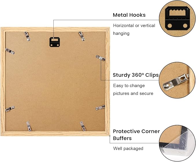 12x12 Picture Frame Set of 9, Photo Gallery Wall Frame Set, Display Pictures 8x8 with Mat or 12 x 12 Without Mat, Square Frame Picture Frames Collage Wall Decor, Natural Oak