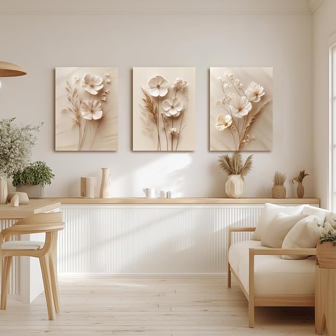 HLXRAE Minimalist Beige Floral Canvas Wall Art, Neutral Farmhouse Wall Decor, Framed Vintage Botanical Poster Prints, Modern Flower Aesthetic Pictures for Bathroom Living Room Bedroom 16"x24"x3