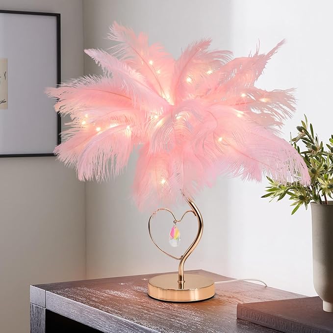 Pink Ostrich Feather Lamp Creative Furry Bedside Lamp Romantic Feather Table Lamp Fluffy Nightstand Light for Girl Bedroom Wedding Decor Valentines Dating Livingroom Hotel Office Christmas
