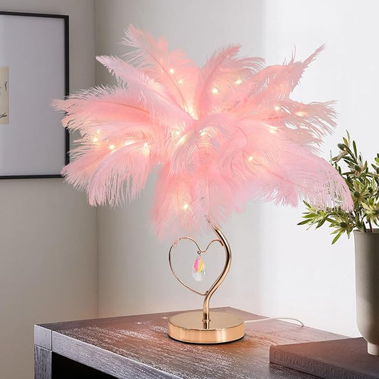 Pink Ostrich Feather Lamp Creative Furry Bedside Lamp Romantic Feather Table Lamp Fluffy Nightstand Light for Girl Bedroom Wedding Decor Valentines Dating Livingroom Hotel Office Christmas