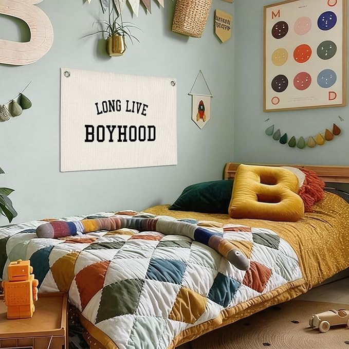 Nursery Decor Wall Art,Long Live Boyhood,Minimalist Black and White Linen Banner Print Decor Hanging for Kids Boys Toddler Nursery Room Bedroom Playroom, 30X20 Inch