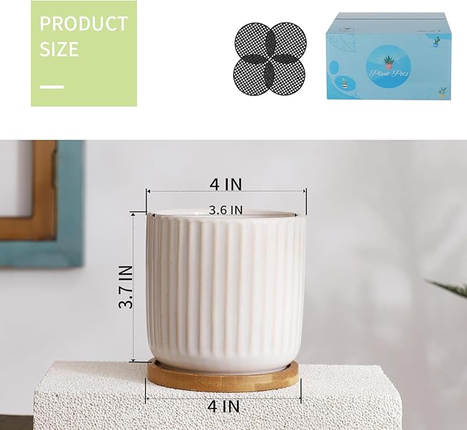 4 Inch Ceramic Plant Pots with Drainage Holes and Trays, Cylinder Vertical Stripes Small Flower Planter Pot with Bamboo Saucers for Indoor Plants, Succulent, Snake Plants, Cactus, Set of 4