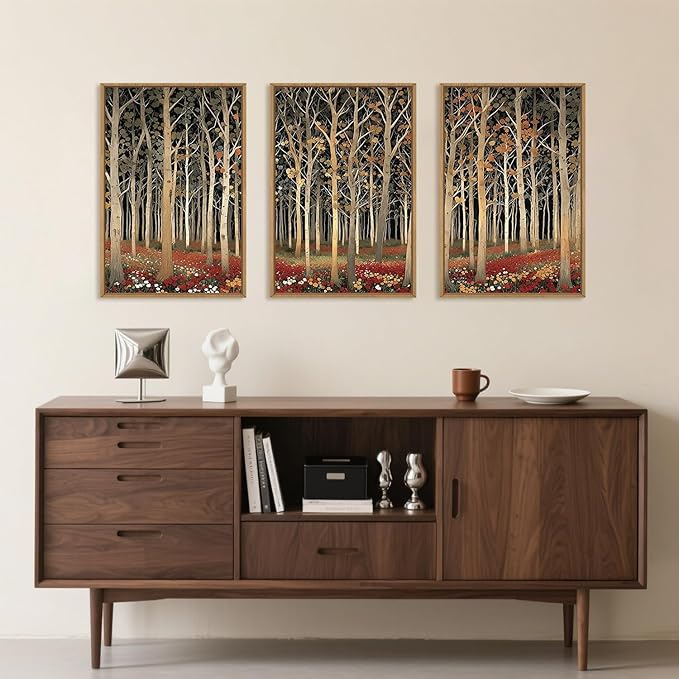 Large Modern Autumn Birch Trees Framed Canvas Wall Art,Boho Aspen Trees Wall Decor,Mid Century Fall Forest Artwork,Natural Midnight Wilderness Art Print for Living Room,Bedroom,Office-24"x36"x3