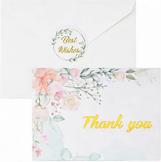 20 Pack Flower Thank You Cards with Envelopes and Stickers 3.66x2.76'' Gold Foiled Greeting Card Wildflower Thank You Cards Set Mixed Color Gift Card for Friends Family