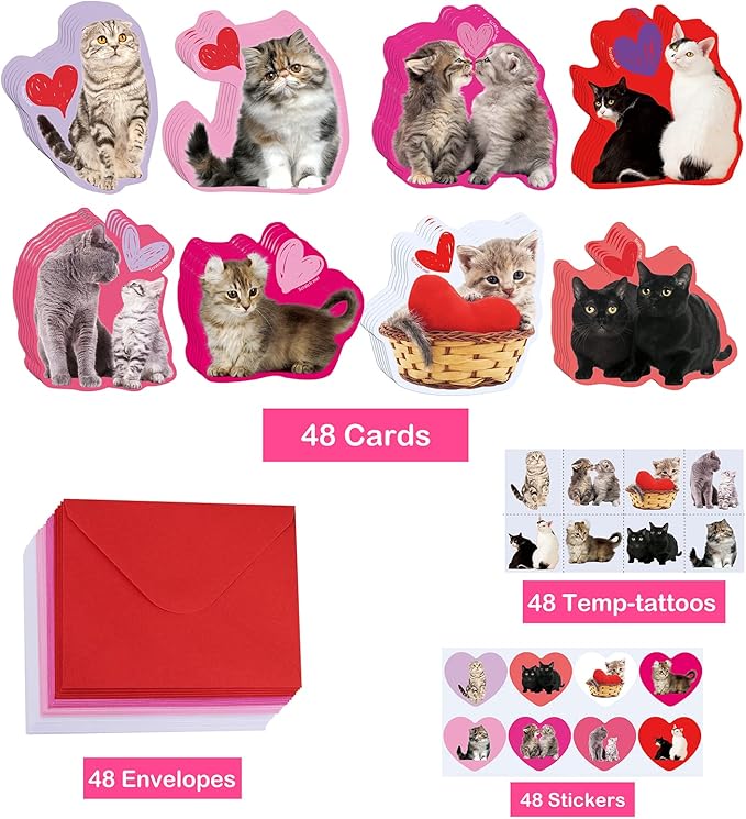 48 Sets Valentine's Day Cards Scratch & Sniff Strawberry Scented Valentine Cards Cat Kitten Pet Love Cards with Envelopes and Heart Stickers Tattoo for Kids Party Favor School Classroom Gift Exchange