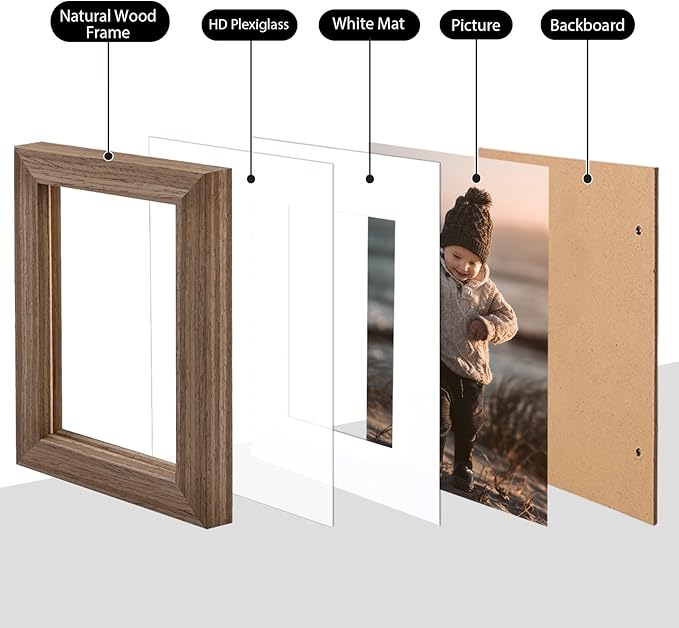 KINLINK A4 Picture Frame, Brown Wood Solid Wood Frames with Acrylic Plexiglass for Pictures A5 with Mat or A4 without Mat, Tabletop and Wall Mounting Display 4 Pack
