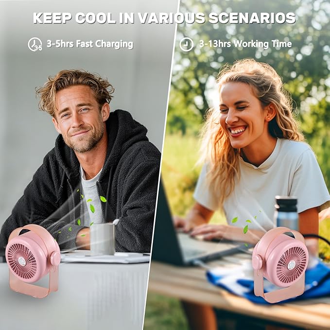 VAVOFO Desk Fan, Small Quiet LED Display Portable USB Fan, 180°Tilt, 100 Speeds, 5 Modes, Rechargeable 3600mAh Battery Operated Table Fans For Office, Bedroom, Outdoor（PINK）