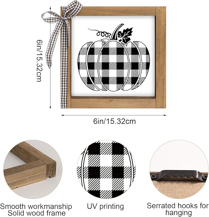Black and White Checkered Pumpkin Sign, Wooden Fall Halloween Thanksgiving Decorative Signage Plaques Decor, Indoor Table Shelf Tiered Tray Desk Wall Art Rustic Farmhouse Home Decorations