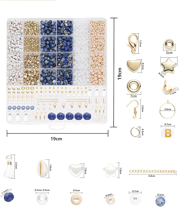 Xylise DIY Jewelry Making Kit, 1000+ Beads with Letters, Turquoise and Pearl Beads, Gold Charms, Bracelet Supplies (Blue dot Color)