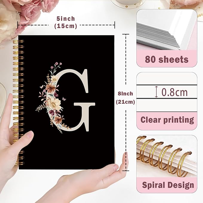 Lacama Black Initial Letter G School Notebook Journal, Cute Wildflower Personalized Spiral Notebook, School Supplies, Customized Monogrammed Gifts, Birthday Gifts for Women, Office Supplies