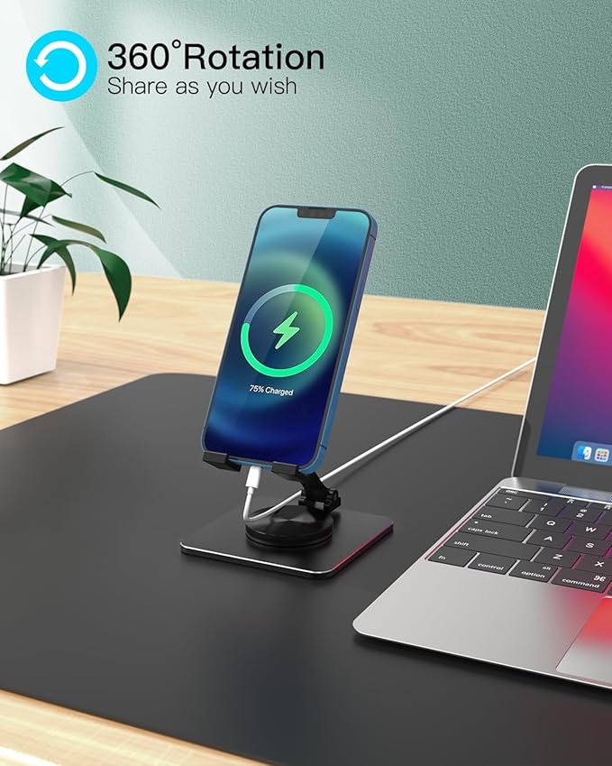 Cell Phone & Tablet Stand for Desk, Aluminum Adjustable Holder for iPhone, iPad & Smartphones || Foldable Mount with 360° Swivel, Stable Base & Portable Design for 4–9.7in Devices, Black