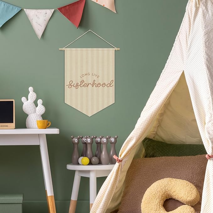 Girls Room Decor, Long Live Sisterhood Girl Nursery Linen Canvas Banner, Neutral Striped Wall Hanging Pennant Flag Banner for Girl Nursery Kids Room Bedroom Dorm Playroom Decor, 15x11in
