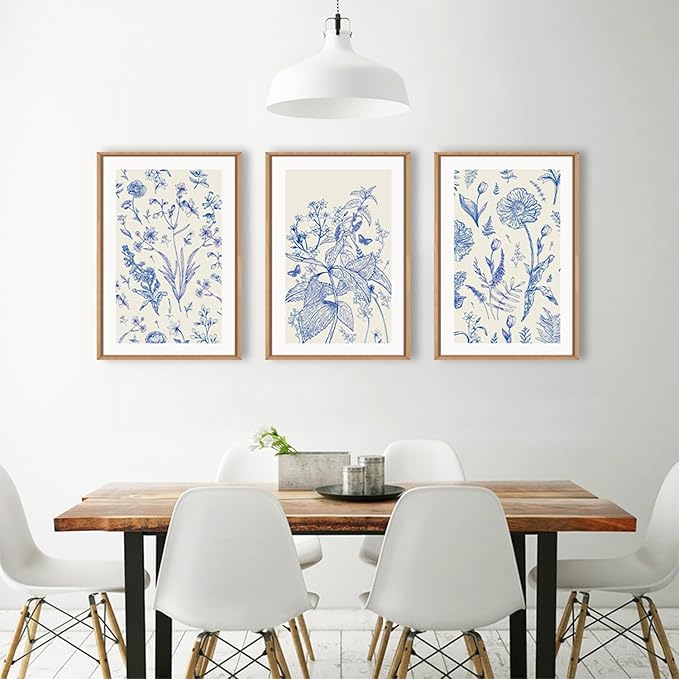 KAIRNE Blue and White Floral Wall Art Set of 3-16x24 Inch Chinoiserie Framed Canvas Art Prints, Navy Watercolor Botanical Flower Painting, Wildflower Decor for Living Room, Bedroom, Bathroom, Home