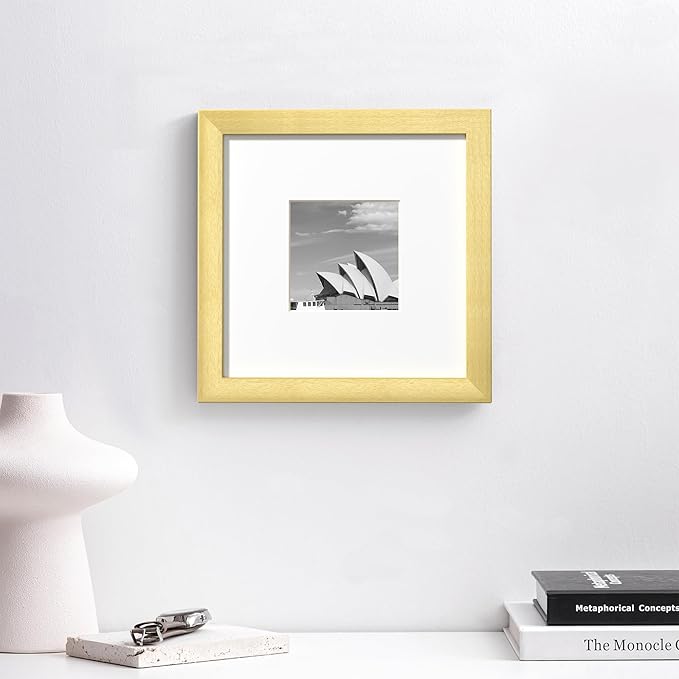eletecpro 8x8 Picture Frames Set of 9 with Mat for 4x4 Photos or without Mat for 8x8, Square Gallery Wall Decor Collage for Picture Display, Gold Frame Set for Wall Hanging