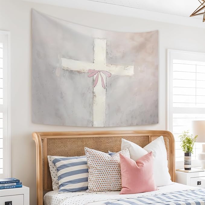 STHTTSW Pink Cross Bow Tapestry Aesthetic, Christian Tapestries Wall Blanket, Bible Religious Girly Wall Hanging Decor for Girl Women Home Living Room Bedroom Church Prayer Room, 50x60 Inch