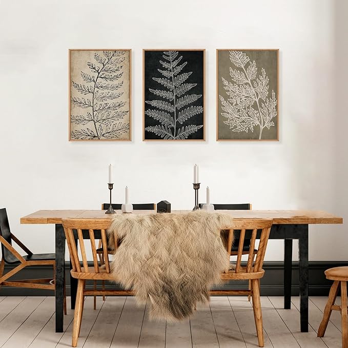 KAIRNE Farmhouse Botanical Wall Art Set of 3, Framed Fern Leaf Prints for Home Decor, Living Room Bedroom, Rustic Black Tan Minimalist Plant Painting, 16x24 Inch