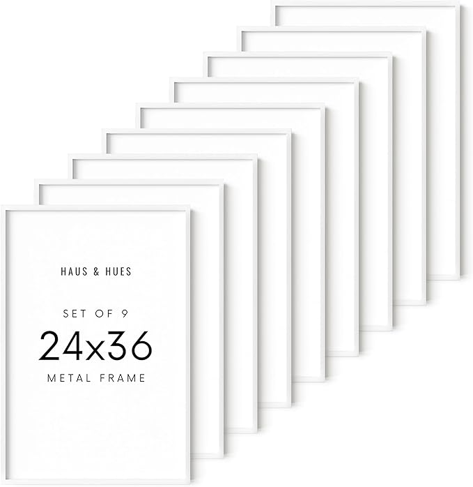 HAUS AND HUES 24x36 White Aluminum Frame Set of 9 - Vertical & Horizontal Hanging, Shatterproof Plexiglass (24x36 in, White)