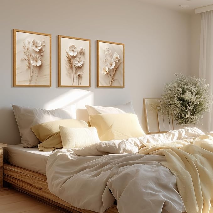 HLXRAE Minimalist Beige Floral Canvas Wall Art, Neutral Farmhouse Wall Decor, Wood Framed Vintage Botanical Poster Prints, Modern Flower Aesthetic Pictures for Bathroom Living Room Bedroom 12"x16"x3