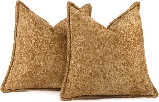 Pack of 2 Golden Brown Euro Shams Pillow Covers 26x26 Cozy Soft Chenille Decorative Throw Pillow Covers Accent Vintage Square Couch Pillow Covers for Home Decor Bed Sofa Living Room