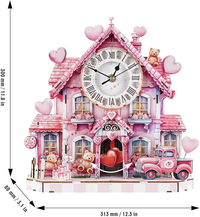3D Puzzles for Adults Clock-Sweetheart Cottage Design Model Kit-Mechanical DIY Pendulum Clock with Roman Numerals-Desk Home Office Decor Personalized Gift for DIY Lovers