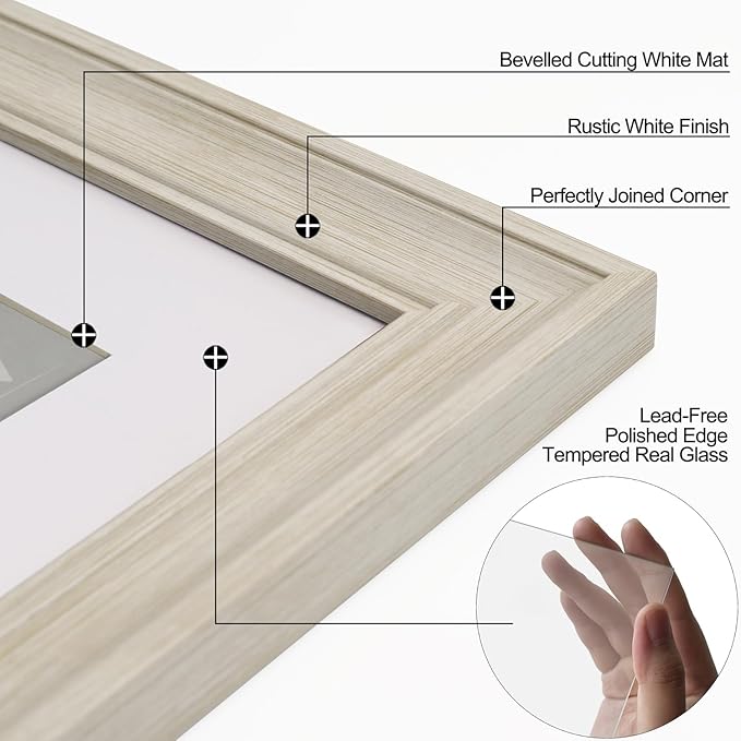 Yaetm 8x10 Picture Frame Matted to 5x7 Set of 4, 1.4” Wide Molding & Rustic White Photo Frames 8 x 10 with Tempered Glass, Display on Tabletop & Wall Mounting (4 Pack, White)