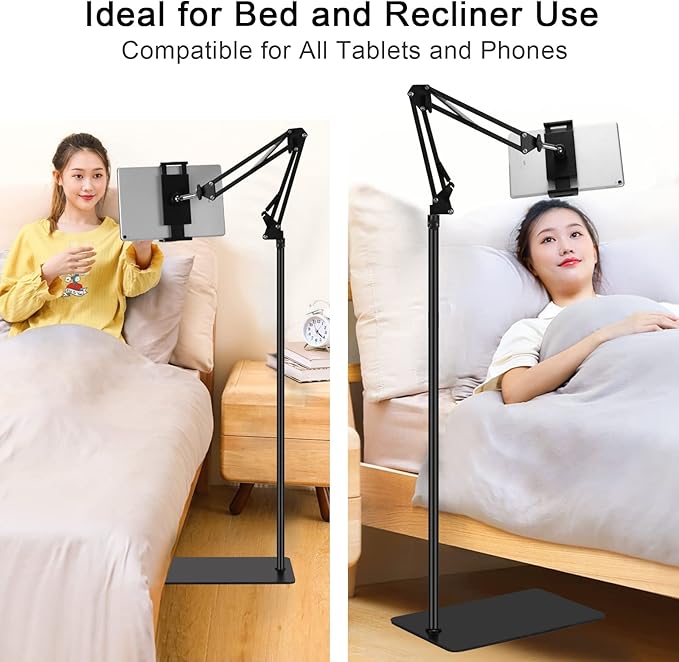Tablet Floor Stand, Adjustable Universal 360-degree Rotatable Metal Tablet Holder, Phone Stand for iPad/iPhoneX/iPad Pro or Other 4.7~12.9 Inch-Screen Devices (Black)