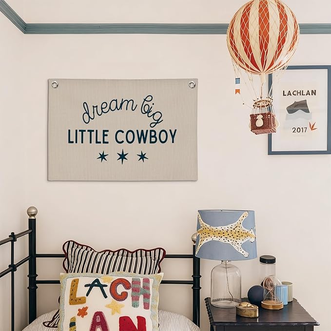 Boy Nursery Decor,Dream Big Little Cowboy Wall Art,Cowboy Nursery Decor Linen Banner Print,Wall Decor Hanging for Kids Boys Toddler Nursery Bedroom Playroom 30x20 Inch